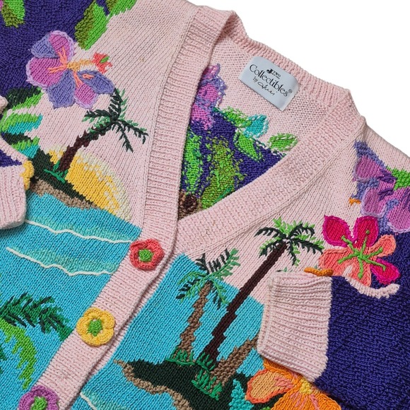 Sweaters - VTG Collectibles by Terri Women's L Tropical Cardigan Sweater Floral Palm Beach